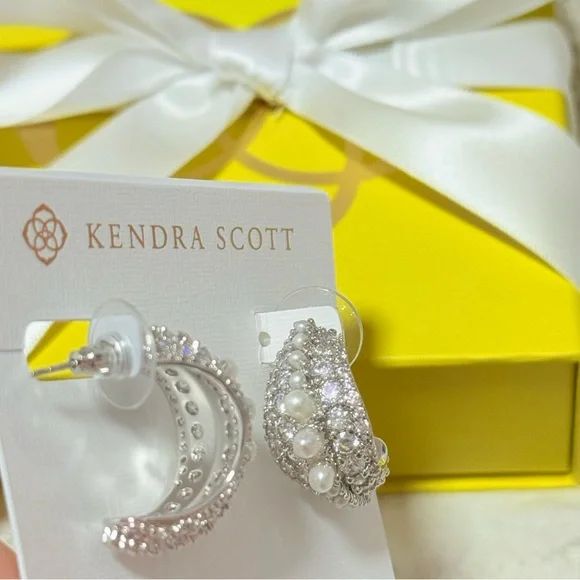 NWT Kendra Scott Krista Silver Hoop Earrings in White Mix with Pearls - Picture 7 of 9